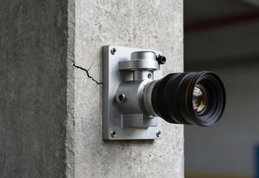 Macro photography of a high-precision crack monitor mounted on a structural concrete pillar, showcasing technical detail and engineering accuracy.
