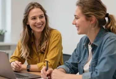 A woman confidently presenting ideas in a sunlit creative workspace.