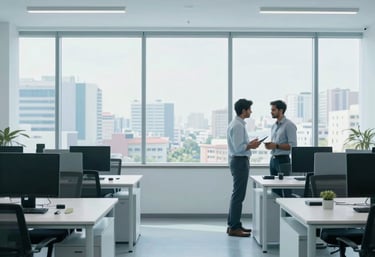 A minimalist, wide shot of a modern Indian office workspace in light blue and white. Two South Asian / Indian professionals are seen in the distance, collaborating near a large window overlooking a urban cityscape. The atmosphere is professional and calm.