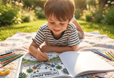 young boy laying on a blanket coloring a page