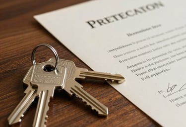 A detailed shot of a set of house keys resting on a polished wooden surface next to a formal legal deed, symbolizing asset protection.