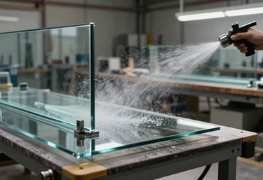 A detailed shot of architectural glass being precisely polished in a modern workshop, water spray catching the light, showcasing high-end craftsmanship in a Spanish / Aragonese industrial setting.