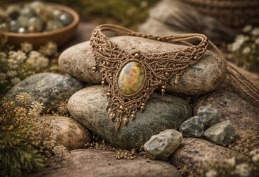 Collar de macramé hecho a mano con colgante de piedra natural ovalada sobre piedras de río.