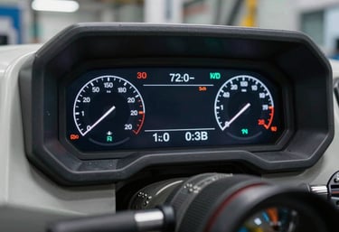 Modern machinery dashboard showing fuel efficiency and performance metrics, high-tech and professional industrial style.