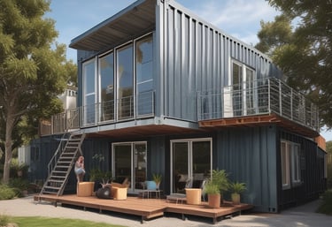A cozy container home nestled in a green, quiet neighborhood at sunset.