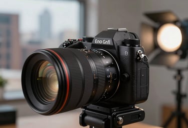 A close-up of high-end camera equipment and lighting in a professional photography studio located in a North American city.