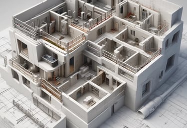 Aerial view of a residential complex with multiple identical buildings arranged in a geometric pattern. The structures are surrounded by paved areas and green spaces with dense vegetation beyond the walled perimeter. Adjacent to the complex are scattered houses and buildings in a suburban area.
