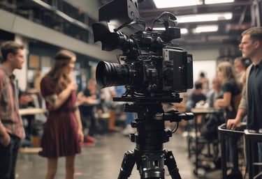 A group of people working on a film set with various equipment such as cameras and lights. Some individuals are engaged in conversation, while others focus on operating equipment. The setting appears indoors, and the mood is collaborative.
