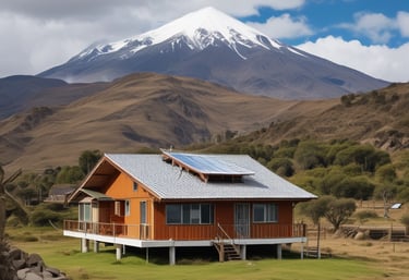 A large array of solar panels is installed across a snow-covered landscape, with modern buildings visible in the background. The sky is partly cloudy, adding a serene atmosphere.