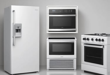 A showroom displaying a variety of air conditioners neatly arranged on two walls. Each unit is placed on shelves with price tags and brand logos visible. The floor is polished and the ceiling has fluorescent lighting.