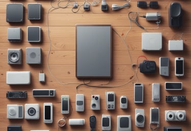 A collection of tech gadgets and accessories displayed on a wooden surface including a laptop covered with various tech-related stickers, two smart speakers, a smartphone, smart watch, and wireless earbuds.