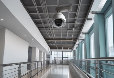 A surveillance camera is mounted on a metal pole, extending from a bracket. The setting appears to be industrial or urban, with shadows creating a dark, moody atmosphere.