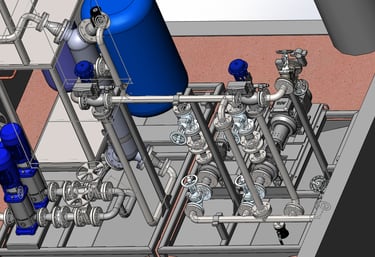 A 3D CAD model showing industrial water pumps, blue pressure tanks, and steel piping systems.