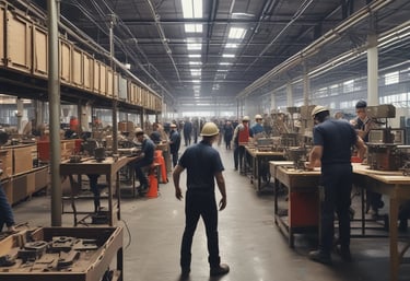 Workers are assembling or disassembling materials in a large industrial or warehouse space with tall windows. One person stands on a scaffold, seemingly adjusting a light fixture or ceiling component. Another individual is bent over working with materials stacked on a table or platform.
