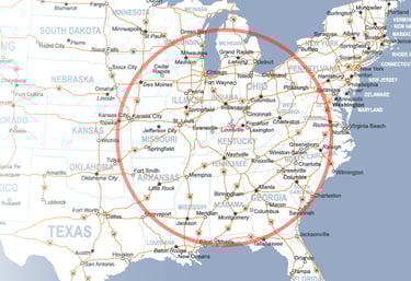 Hot Shot Trucking Service area map showing 500 mile radius from Louisville, KY - Specialty Logistics