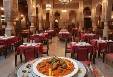 Neon signs in vibrant green and red illuminate the exterior of a Moroccan restaurant at night. The sign advertises specialties like couscous and tagines.