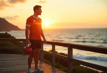 a man in wearing a springbok jersey holding a kettlebell while standing on a wooden deck