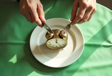 Hands holding knife and fork above alarm clock on a plate on green background