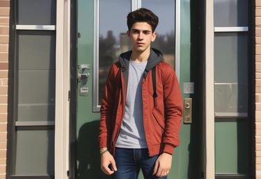 Several young students dressed in school uniforms stand outdoors on a dirt path, surrounded by greenery. The children wear navy blue vests and white shirts, each carrying a backpack.
