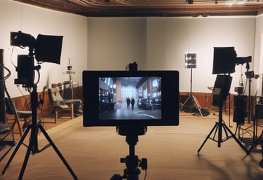 Portrait of a filmmaker thoughtfully reviewing a script on set with warm lighting.