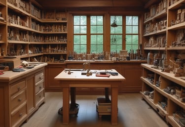 Two men are engaged in woodworking. One man wearing a green jacket and a straw hat is cutting or shaping wood while kneeling. Another man sits nearby observing or assisting. The setting appears to be outdoors, with wooden structures and greenery in the background.