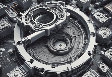 A detailed view of an industrial mechanical system, featuring metallic components such as pipes, valves, and bolts arranged in a complex structure. The surface of the metal parts is marked with technical inscriptions and a few spots of rust. Wires and connectors run alongside the metal parts, suggesting functionality related to machinery or engineering.