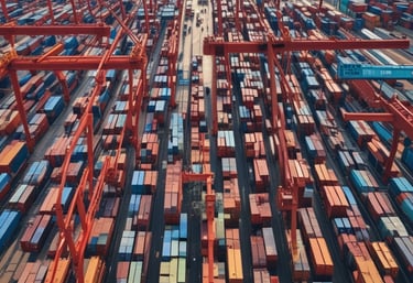 A large industrial storage yard filled with colorful shipping containers and trailers. The containers are stacked and aligned in rows, displaying various brand logos and colors. There are few vehicles parked nearby, and the area seems to be used for logistics or transportation purposes.