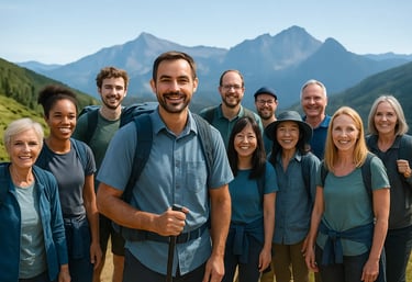 groupe de voyageurs souriants en montagne pendant les vacances