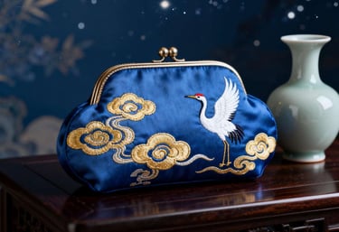 King Fly azure silk pouch with golden crane embroidery.