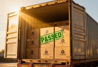  A shipping container full of cartons, with a green "PASSED" stamp, symbolizing a successful deliver