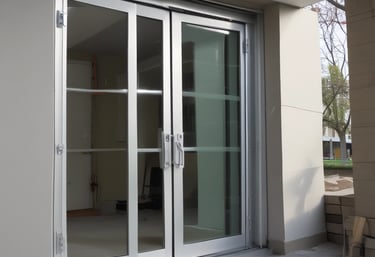 Multiple car doors and frames are lined up in a row inside an industrial facility with a high ceiling featuring metal beams and structures.