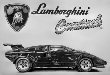 Dessin d’une Lamborghini Countach réalisé par l’artiste Alain Mitildjan