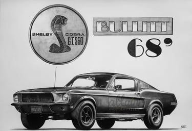 Dessin d’une voiture Shelby GT350 réalisé par l’artiste Alain Mitildjan