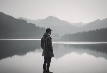A minimalist portrait of the photographer in a serene setting.