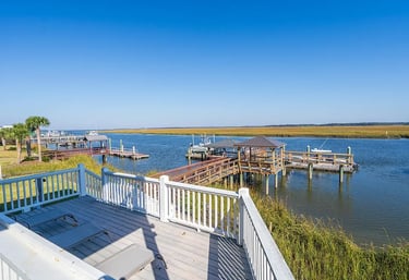 Back deck overlooking dock on Big Bay Creek on Edisto Island, SC
