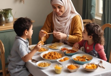 A family enjoying a meal together at the dining table.