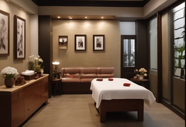 A relaxing massage setting with soothing colors and soft lighting.