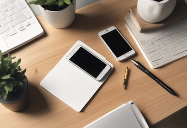 a desk with a laptop, notebook, and a notebook