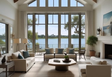 A modern architectural interior with large, curved glass panels and smooth, flowing walls. The design showcases a blend of metal, glass, and stone elements with natural light filtering through expansive windows. The space appears open and airy, with a focus on geometric and organic forms.