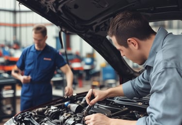 A mechanic using diagnostic tools on a vehicle engine.