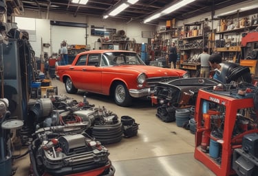 A well-equipped vehicle repair shop with tools and parts.