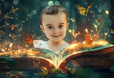 Smiling young girl reading a magical glowing book with flying butterflies and fairy lights.