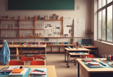 A classroom setting with students using various educational supplies and books.