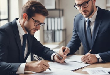 A workspace setting with financial documents, a black calculator displaying numbers, a cup of black coffee on a saucer, an orange highlighter, and a blue pen on a table.