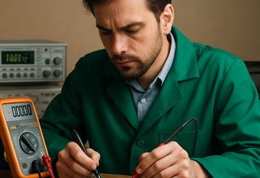 A person is using a screwdriver to work on a solar charge controller device labeled 'Newpowa.' The device is placed on a wooden surface, and greenery is visible in the background.