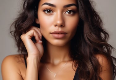 Close-up of a woman gently touching her glowing natural skin in a sunlit room.