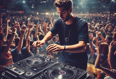 An animated turntable spinning vinyl records with colorful sound waves radiating out.