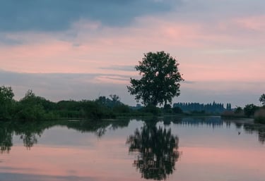 Sunset reflections on calm waters in Parco del Mincio nature reserve.