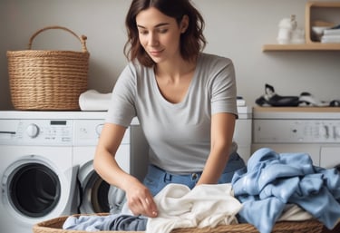 A dry cleaning shop named 'HLP Cleaners' is located on a dimly lit street. The store has a prominent sign above the entrance, and its windows are illuminated with a warm yellow light. A sign on the door lists services such as dry cleaning, laundry, and suede & leather cleaning. The building exterior is simple with a combination of dark tiles and light-colored upper walls. The entrance is flanked by two closed doors, likely of neighboring establishments.