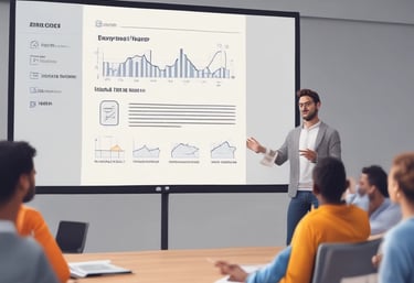 Two individuals stand in front of a whiteboard covered with multicolored sticky notes and arrows. One person points towards the whiteboard, which has handwritten words like 'User-Generated Content', 'Engagement', 'Event', and 'Social Wall'. The setting appears to be a collaborative or educational environment.
